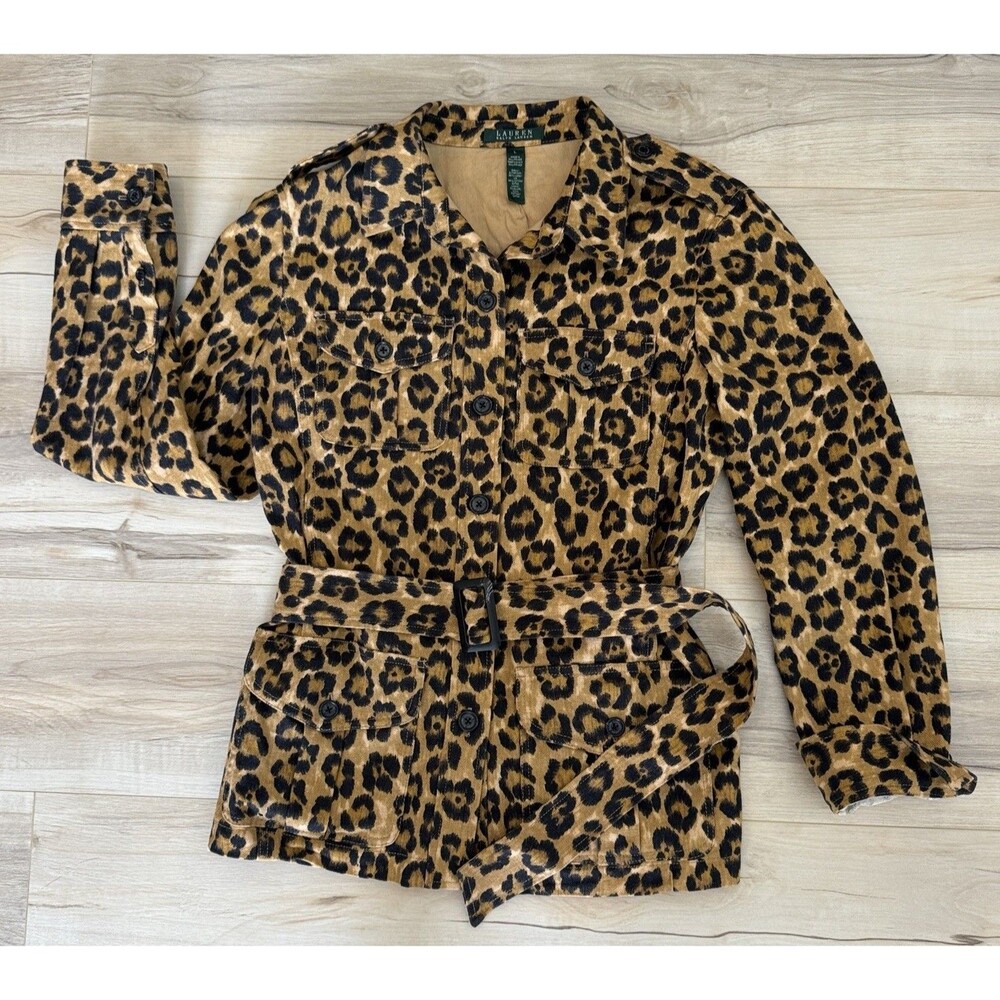 Ralph Lauren Leopard Print Safari Jacket Belted Woman’s L Linen Cotton Classic